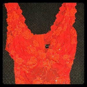 BEBE KARINA BEADED ORANGE LACE TOP
